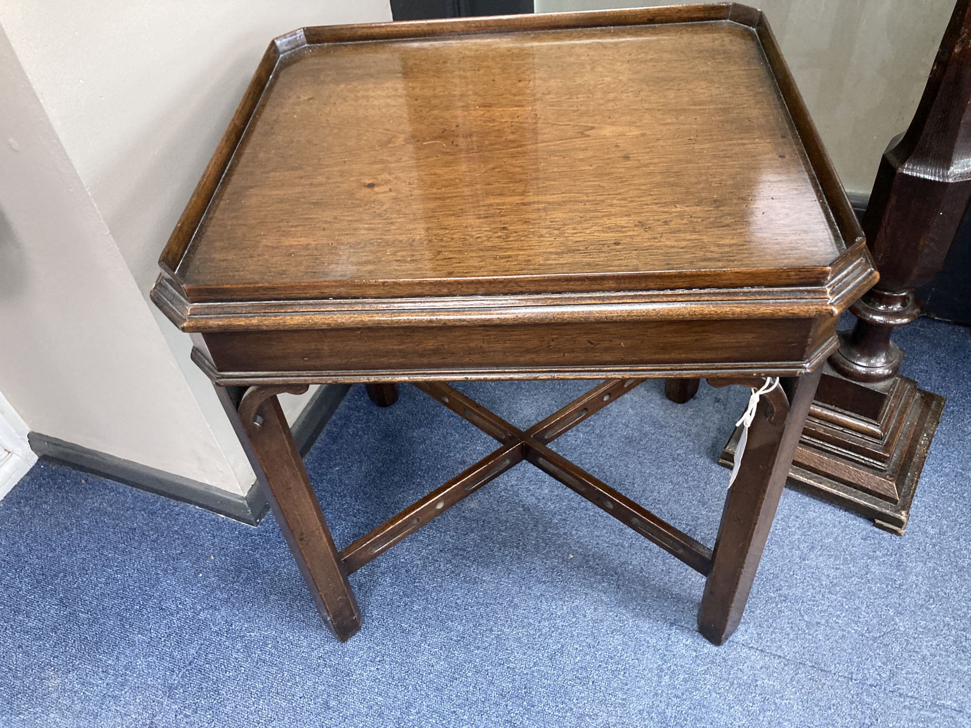 A George III style mahogany rectangular tray top occasional table, width 50cm, depth 42cm, height 53cm together with an oak torchere